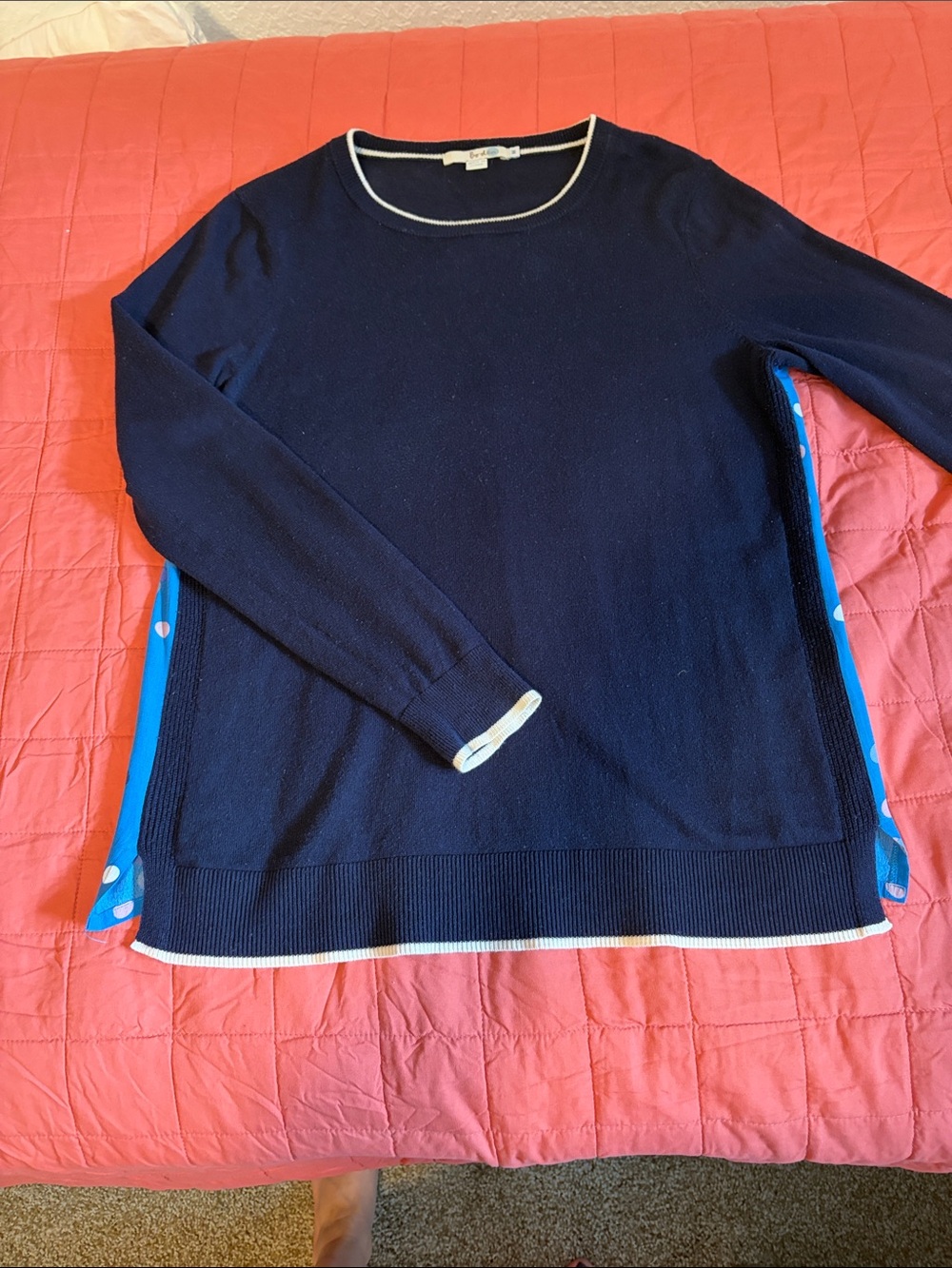 Biden Navy Crewneck women’s wool sweater with Contrast Trim and Polk-a-Dot back